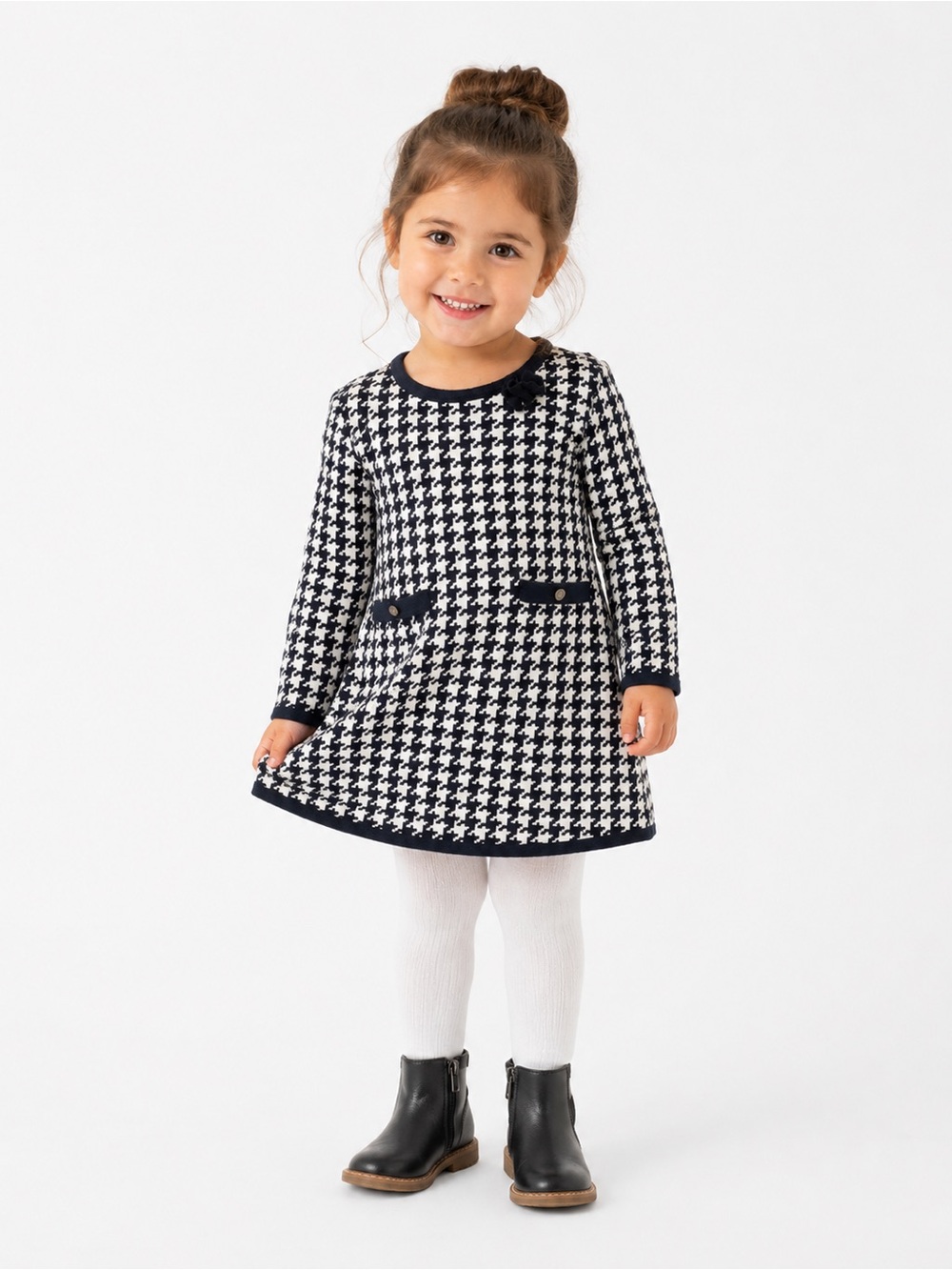 HOPE & HENRY | 100% Cotton Girls Dress | Black and White Houndstooth Dress 3T